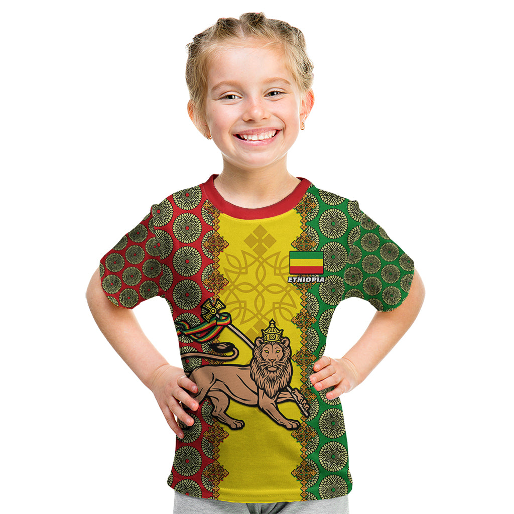 Personalised Ethiopia Kid T Shirt Ethiopian Lion Of Judah With African Pattern - Wonder Print Shop