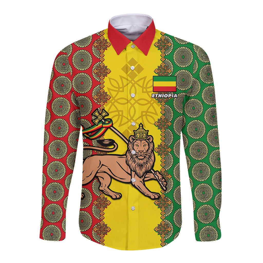 personalised-ethiopia-long-sleeve-button-shirt-ethiopian-lion-of-judah-with-african-pattern