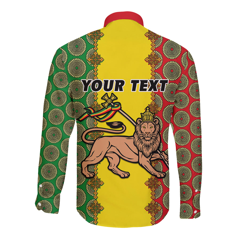 Personalised Ethiopia Long Sleeve Button Shirt Ethiopian Lion Of Judah With African Pattern - Wonder Print Shop