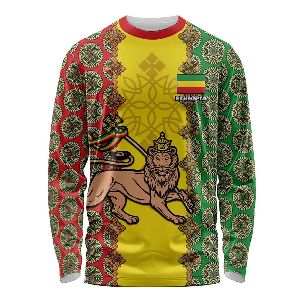 Personalised Ethiopia Long Sleeve Shirt Ethiopian Lion Of Judah With African Pattern LT01