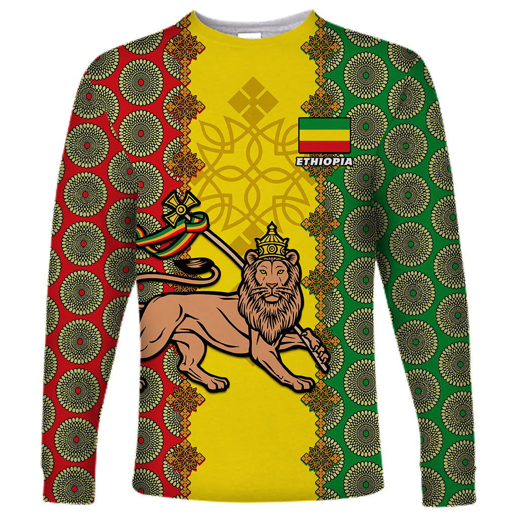 personalised-ethiopia-long-sleeve-shirt-ethiopian-lion-of-judah-with-african-pattern
