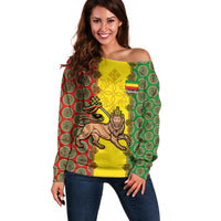 Personalised Ethiopia Off Shoulder Sweater Ethiopian Lion Of Judah With African Pattern - Wonder Print Shop