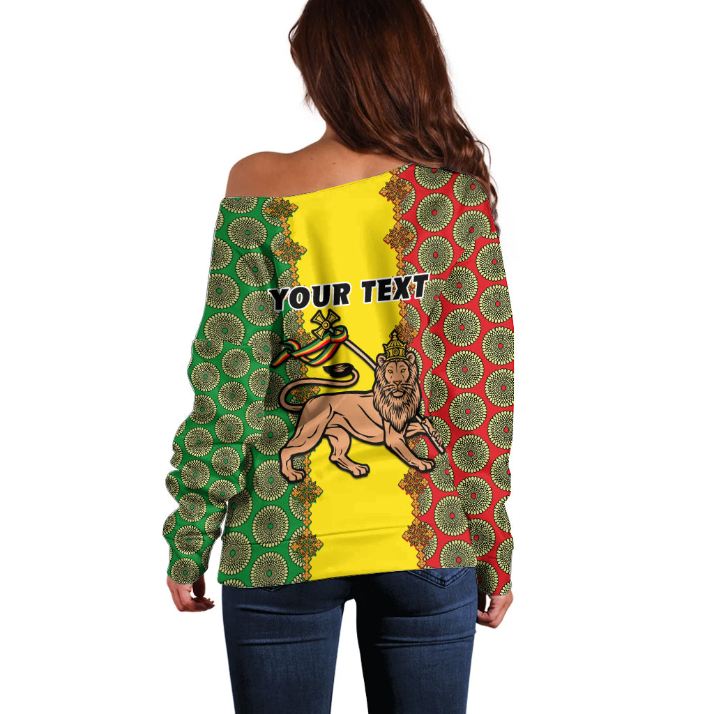 Personalised Ethiopia Off Shoulder Sweater Ethiopian Lion Of Judah With African Pattern - Wonder Print Shop
