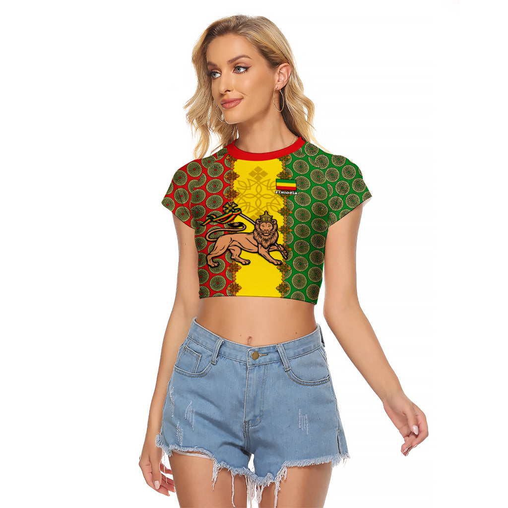Personalised Ethiopia Raglan Cropped T Shirt Ethiopian Lion Of Judah With African Pattern - Wonder Print Shop
