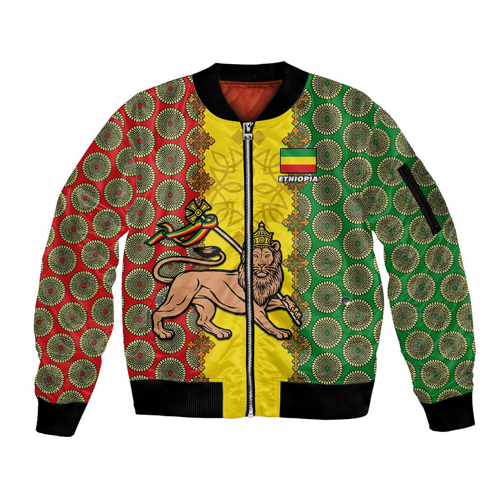 Personalised Ethiopia Sleeve Zip Bomber Jacket Ethiopian Lion Of Judah With African Pattern - Wonder Print Shop