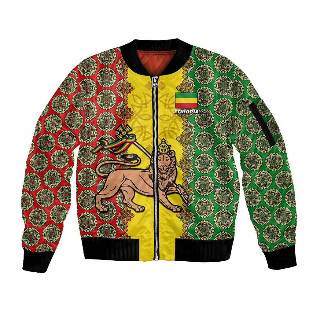 personalised-ethiopia-sleeve-zip-bomber-jacket-ethiopian-lion-of-judah-with-african-pattern