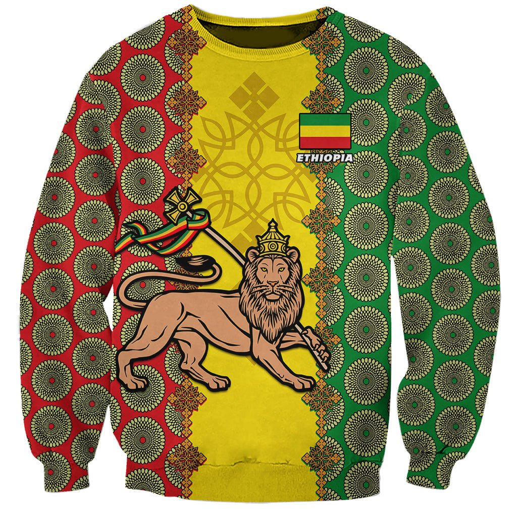 Personalised Ethiopia Sweatshirt Ethiopian Lion Of Judah With African Pattern - Wonder Print Shop