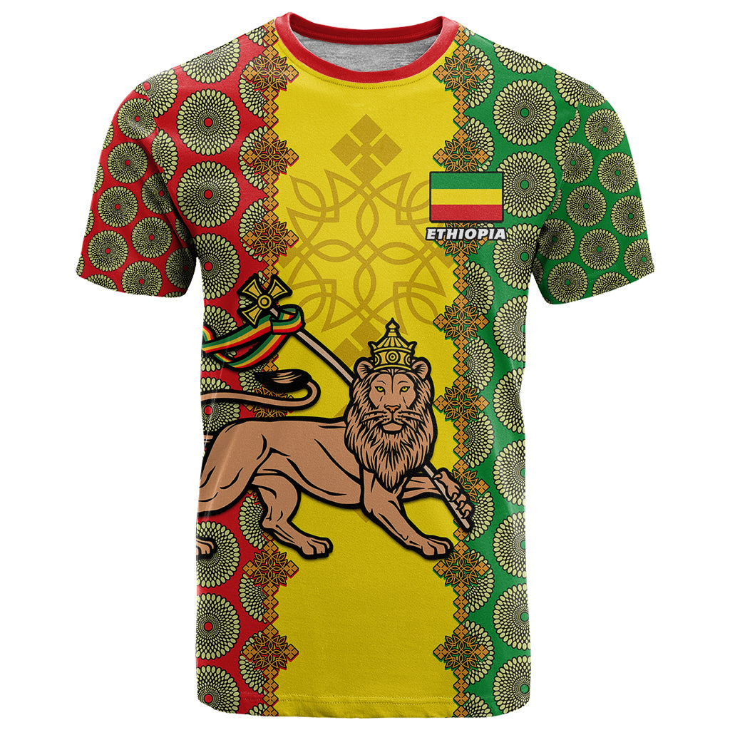 Personalised Ethiopia T Shirt Ethiopian Lion Of Judah With African Pattern - Wonder Print Shop