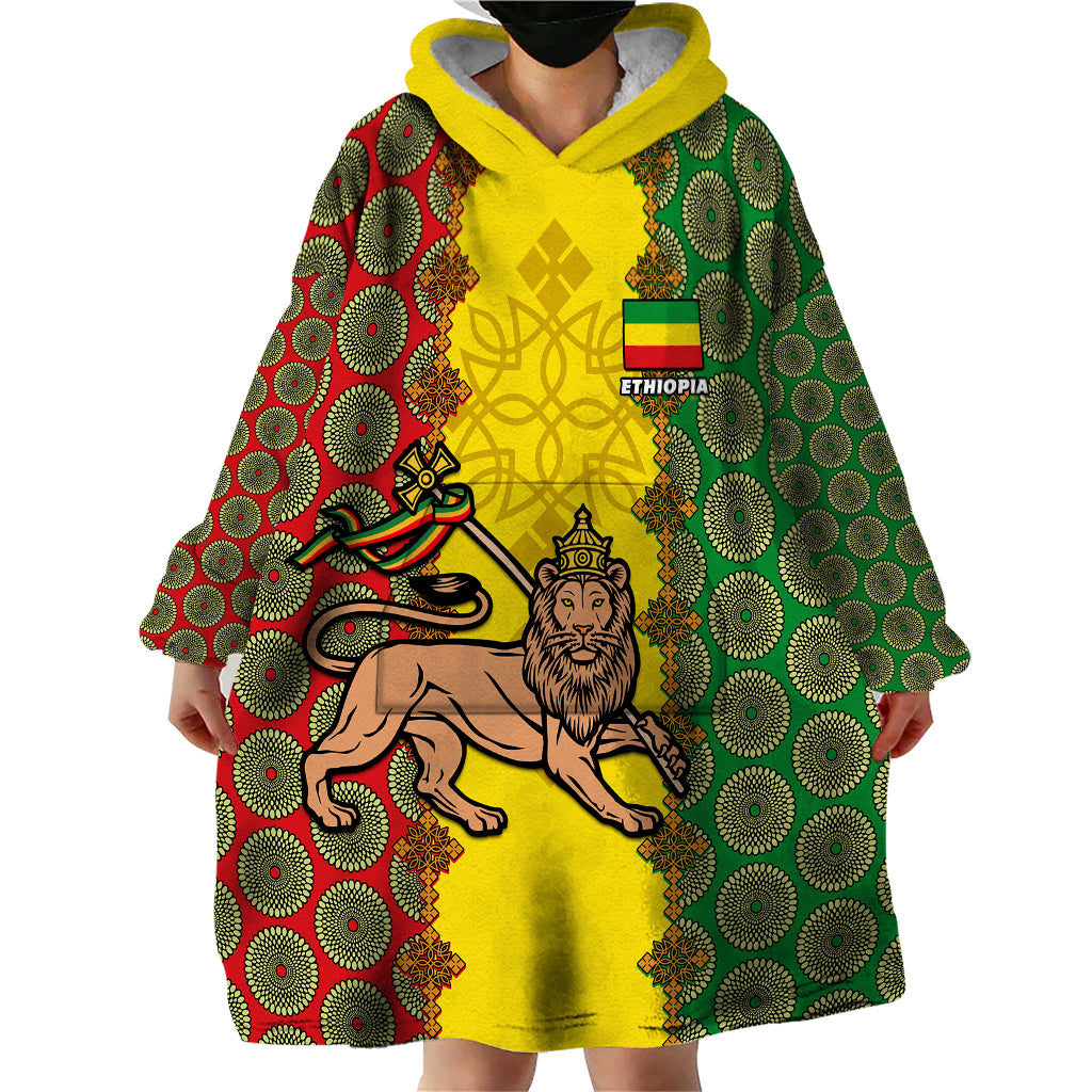Personalised Ethiopia Wearable Blanket Hoodie Ethiopian Lion Of Judah With African Pattern - Wonder Print Shop