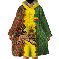 Personalised Ethiopia Wearable Blanket Hoodie Ethiopian Lion Of Judah With African Pattern - Wonder Print Shop