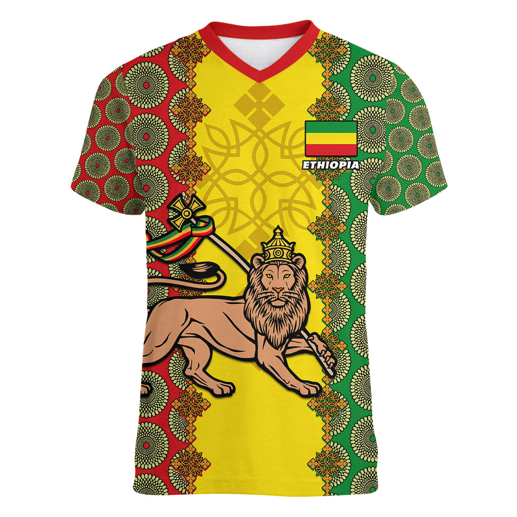 personalised-ethiopia-women-v-neck-t-shirt-ethiopian-lion-of-judah-with-african-pattern