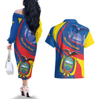Ecuador Independence Day Couples Matching Off The Shoulder Long Sleeve Dress and Hawaiian Shirt Dios patria y libertad - Wonder Print Shop