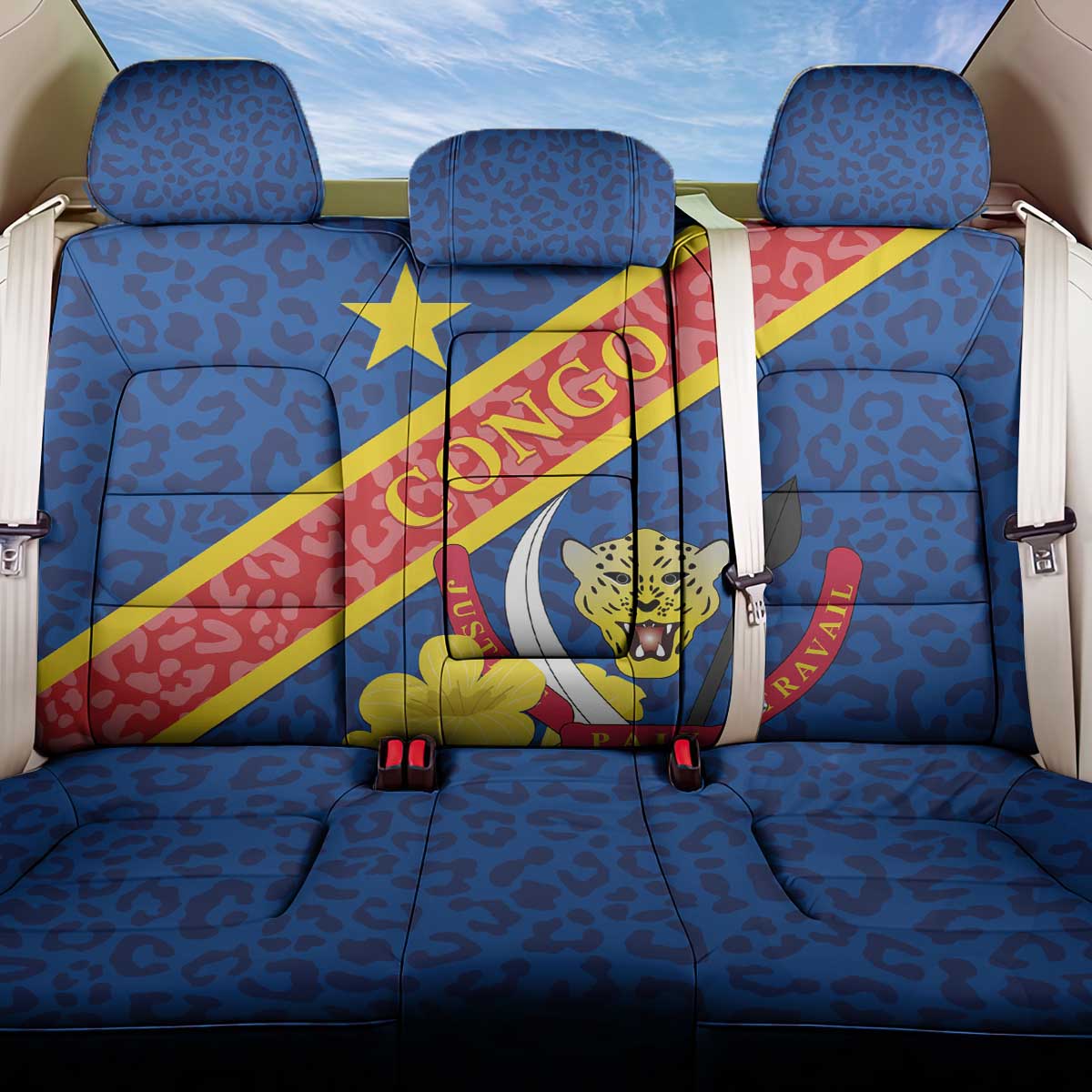 Congo DR Back Car Seat Cover Coat Of Arms Leopard Pattern - Wonder Print Shop