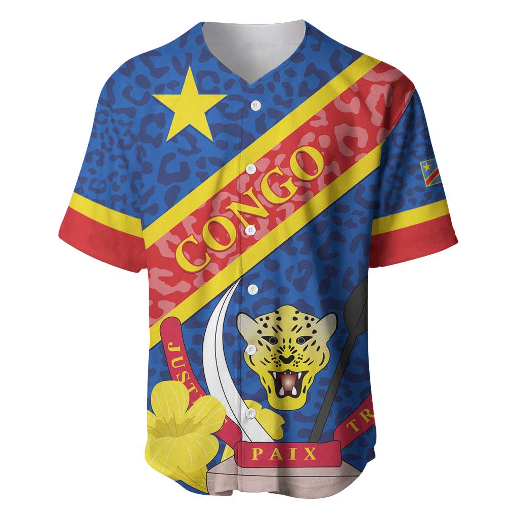 Congo DR Baseball Jersey Coat Of Arms Leopard Pattern - Wonder Print Shop