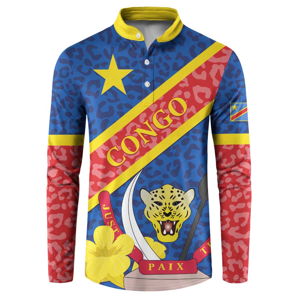 Congo DR Button Sweatshirt Coat Of Arms Leopard Pattern - Wonder Print Shop