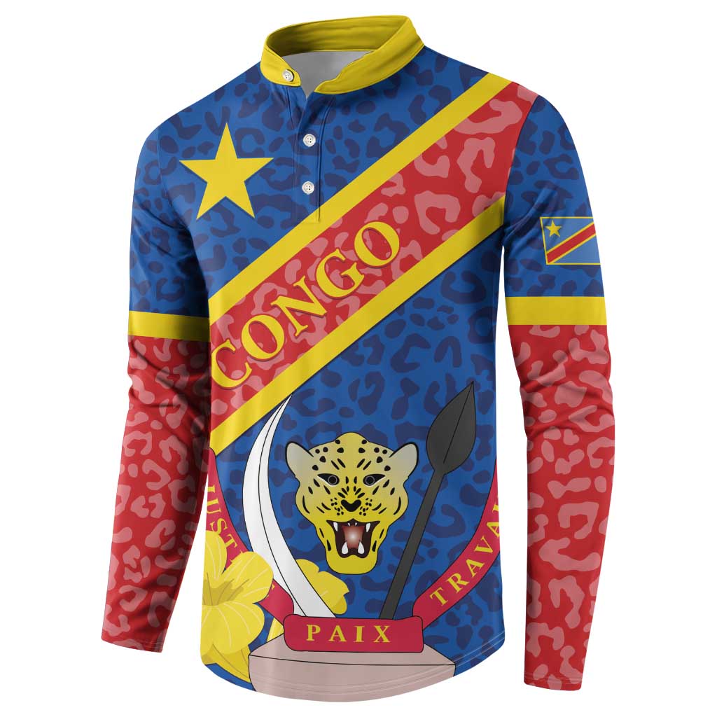 Congo DR Button Sweatshirt Coat Of Arms Leopard Pattern - Wonder Print Shop