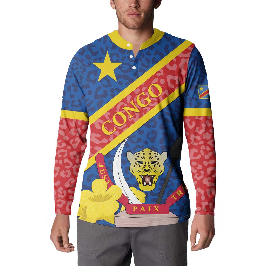 Congo DR Button Sweatshirt Coat Of Arms Leopard Pattern - Wonder Print Shop