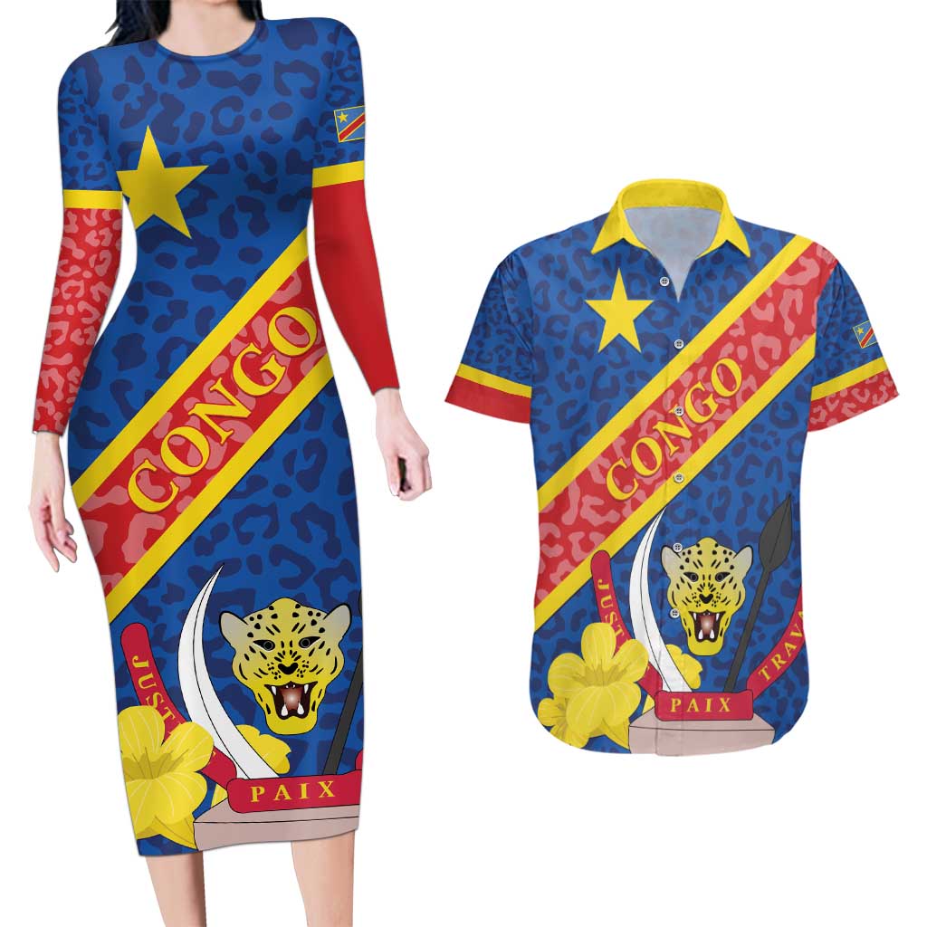 Congo DR Couples Matching Long Sleeve Bodycon Dress and Hawaiian Shirt Coat Of Arms Leopard Pattern - Wonder Print Shop