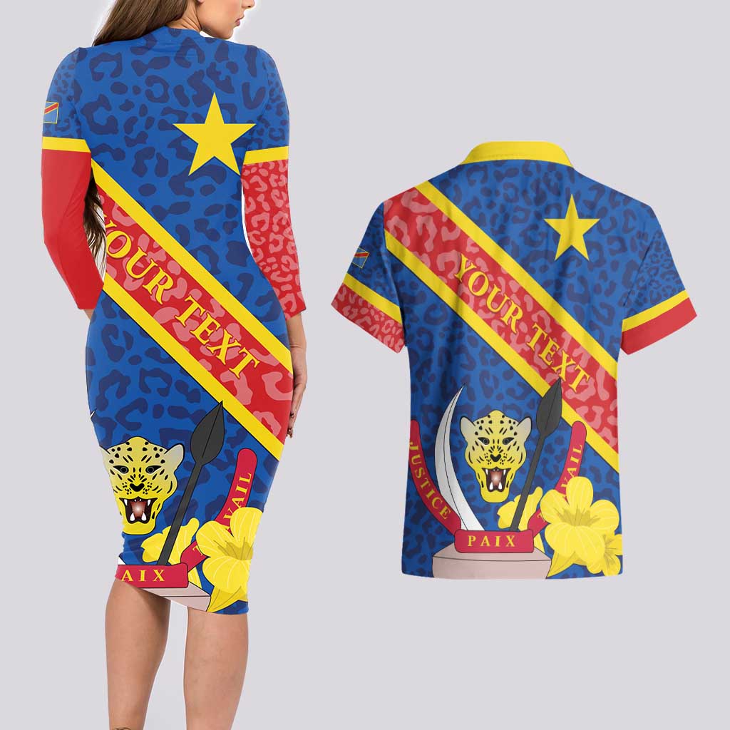 Congo DR Couples Matching Long Sleeve Bodycon Dress and Hawaiian Shirt Coat Of Arms Leopard Pattern - Wonder Print Shop