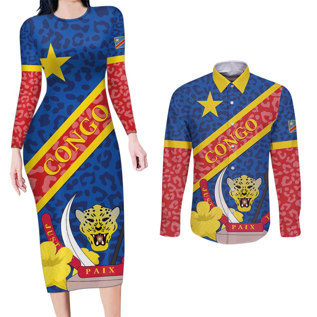 Congo DR Couples Matching Long Sleeve Bodycon Dress and Long Sleeve Button Shirt Coat Of Arms Leopard Pattern - Wonder Print Shop