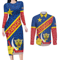Congo DR Couples Matching Long Sleeve Bodycon Dress and Long Sleeve Button Shirt Coat Of Arms Leopard Pattern - Wonder Print Shop