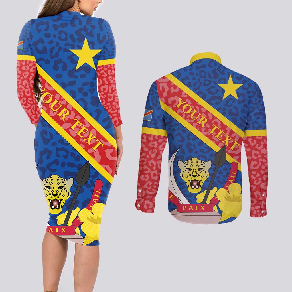 Congo DR Couples Matching Long Sleeve Bodycon Dress and Long Sleeve Button Shirt Coat Of Arms Leopard Pattern - Wonder Print Shop
