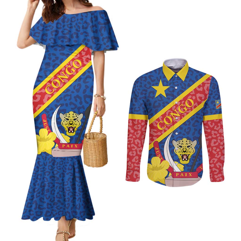 Congo DR Couples Matching Mermaid Dress and Long Sleeve Button Shirt Coat Of Arms Leopard Pattern