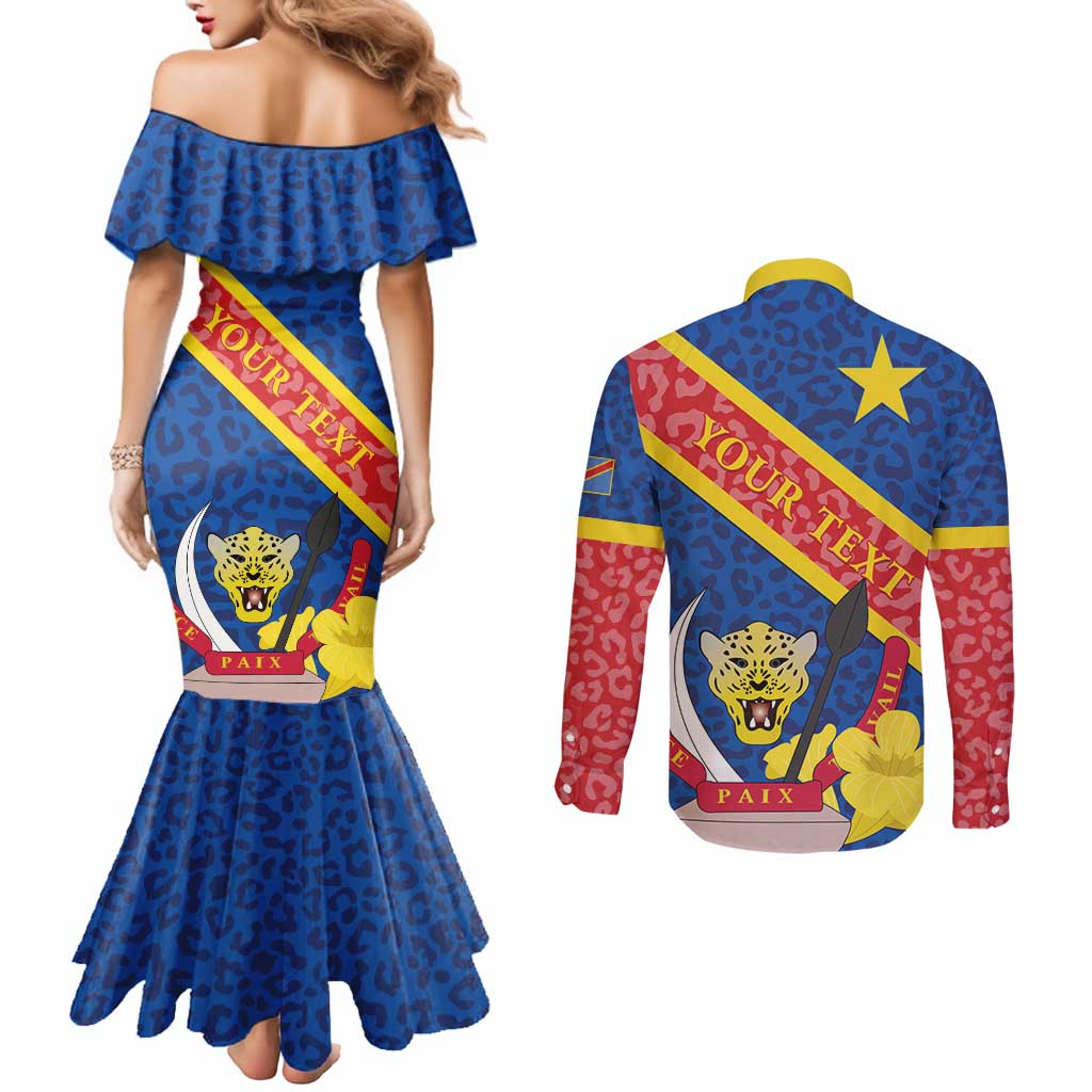 Congo DR Couples Matching Mermaid Dress and Long Sleeve Button Shirt Coat Of Arms Leopard Pattern