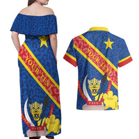 Congo DR Couples Matching Off Shoulder Maxi Dress and Hawaiian Shirt Coat Of Arms Leopard Pattern - Wonder Print Shop