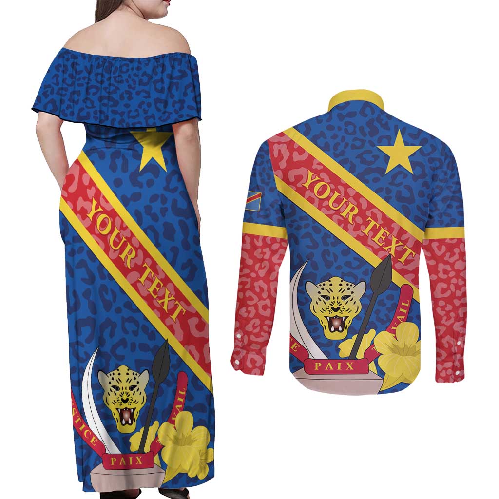 Congo DR Couples Matching Off Shoulder Maxi Dress and Long Sleeve Button Shirt Coat Of Arms Leopard Pattern - Wonder Print Shop
