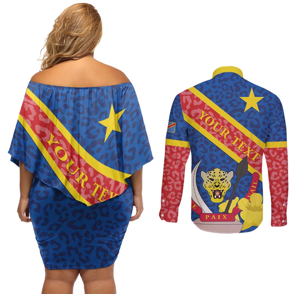 Congo DR Couples Matching Off Shoulder Short Dress and Long Sleeve Button Shirt Coat Of Arms Leopard Pattern - Wonder Print Shop