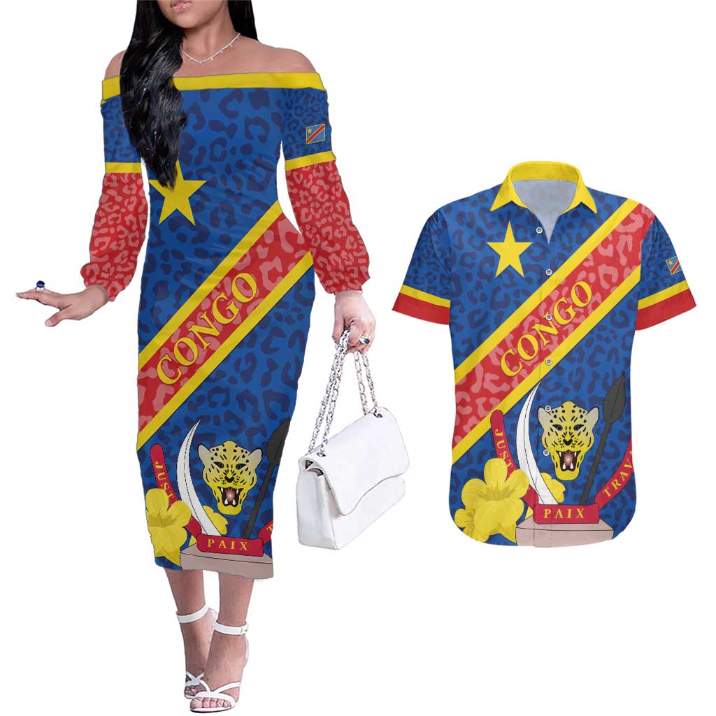 Congo DR Couples Matching Off The Shoulder Long Sleeve Dress and Hawaiian Shirt Coat Of Arms Leopard Pattern - Wonder Print Shop