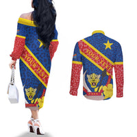 Congo DR Couples Matching Off The Shoulder Long Sleeve Dress and Long Sleeve Button Shirt Coat Of Arms Leopard Pattern