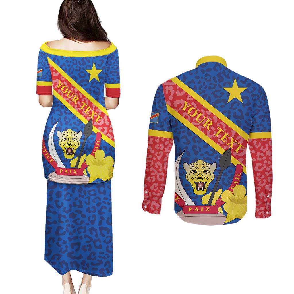 Congo DR Couples Matching Puletasi and Long Sleeve Button Shirt Coat Of Arms Leopard Pattern - Wonder Print Shop