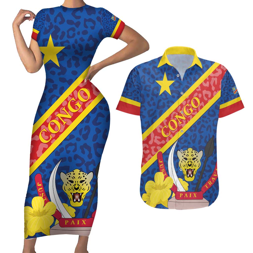Congo DR Couples Matching Short Sleeve Bodycon Dress and Hawaiian Shirt Coat Of Arms Leopard Pattern - Wonder Print Shop