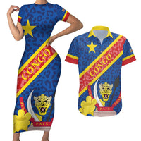 Congo DR Couples Matching Short Sleeve Bodycon Dress and Hawaiian Shirt Coat Of Arms Leopard Pattern - Wonder Print Shop