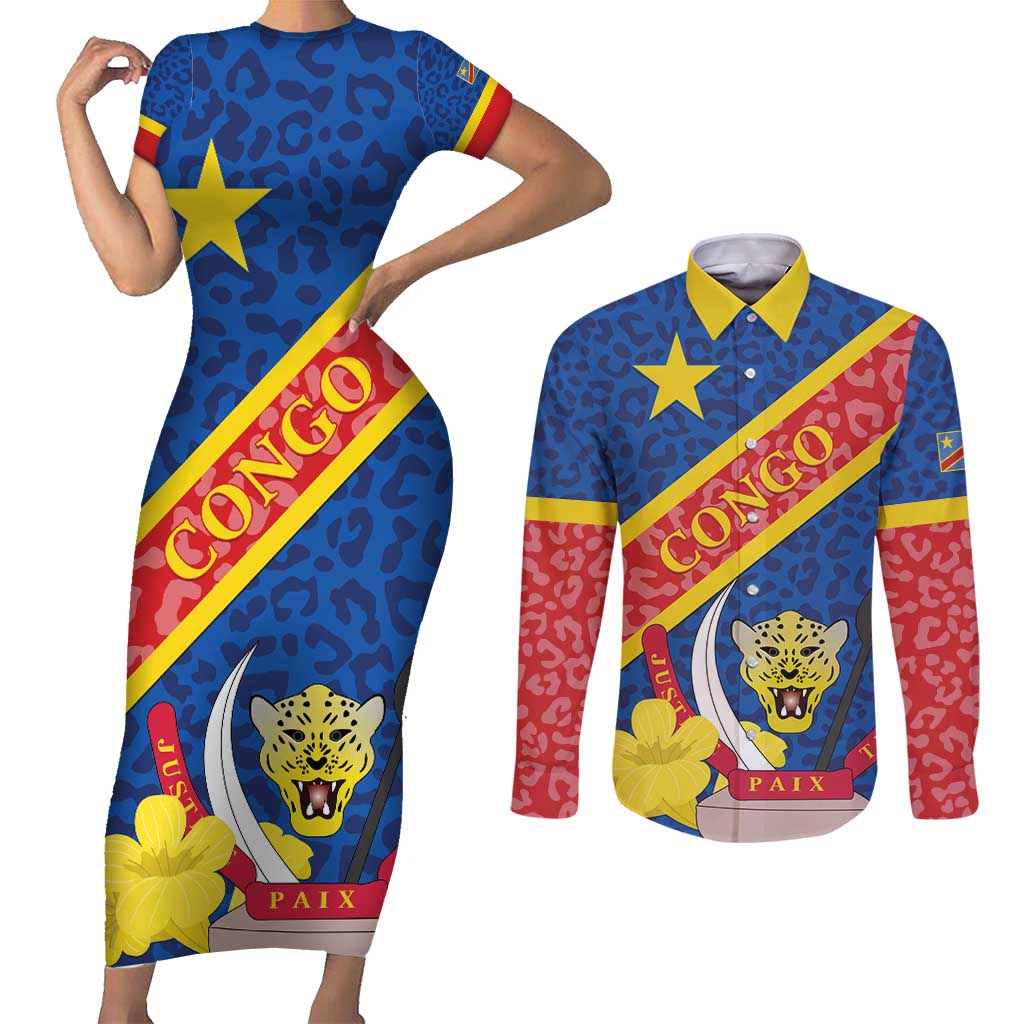 Congo DR Couples Matching Short Sleeve Bodycon Dress and Long Sleeve Button Shirt Coat Of Arms Leopard Pattern - Wonder Print Shop