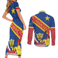 Congo DR Couples Matching Short Sleeve Bodycon Dress and Long Sleeve Button Shirt Coat Of Arms Leopard Pattern - Wonder Print Shop