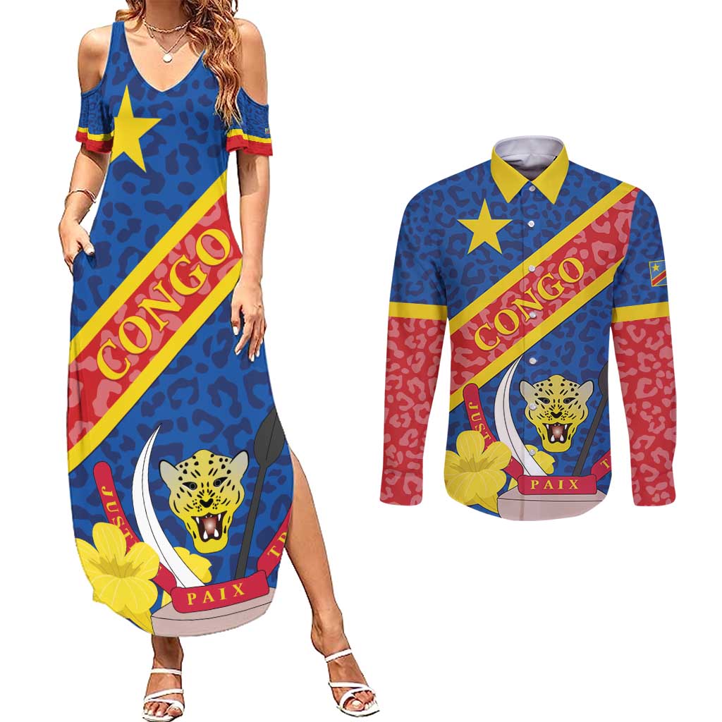 Congo DR Couples Matching Summer Maxi Dress and Long Sleeve Button Shirt Coat Of Arms Leopard Pattern - Wonder Print Shop