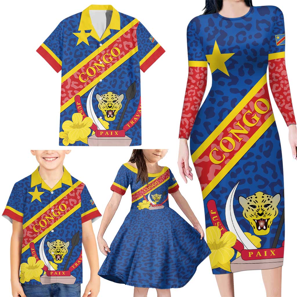 Congo DR Family Matching Long Sleeve Bodycon Dress and Hawaiian Shirt Coat Of Arms Leopard Pattern - Wonder Print Shop