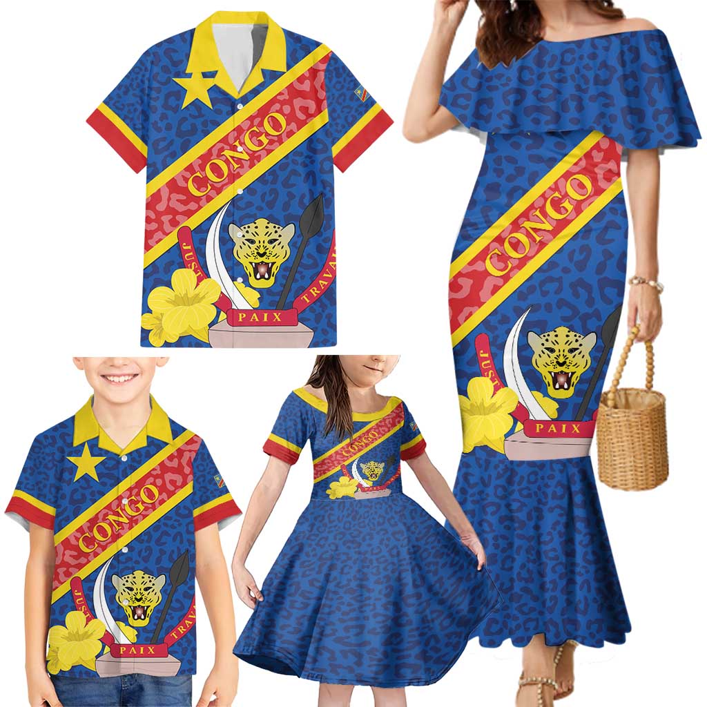 Congo DR Family Matching Mermaid Dress and Hawaiian Shirt Coat Of Arms Leopard Pattern - Wonder Print Shop