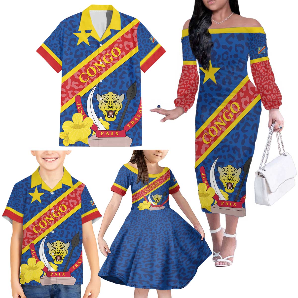 Congo DR Family Matching Off The Shoulder Long Sleeve Dress and Hawaiian Shirt Coat Of Arms Leopard Pattern - Wonder Print Shop