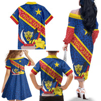 Congo DR Family Matching Off The Shoulder Long Sleeve Dress and Hawaiian Shirt Coat Of Arms Leopard Pattern - Wonder Print Shop