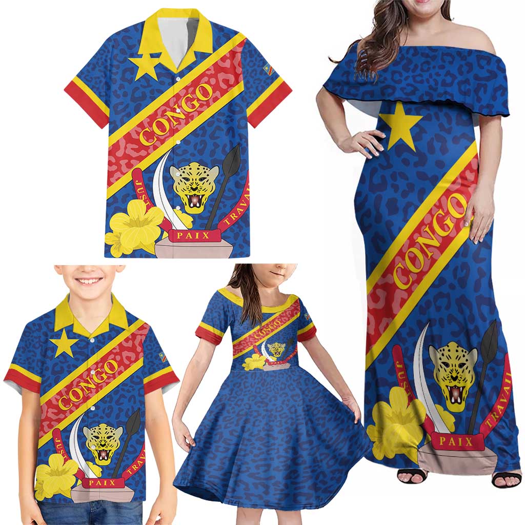 Congo DR Family Matching Off Shoulder Maxi Dress and Hawaiian Shirt Coat Of Arms Leopard Pattern - Wonder Print Shop