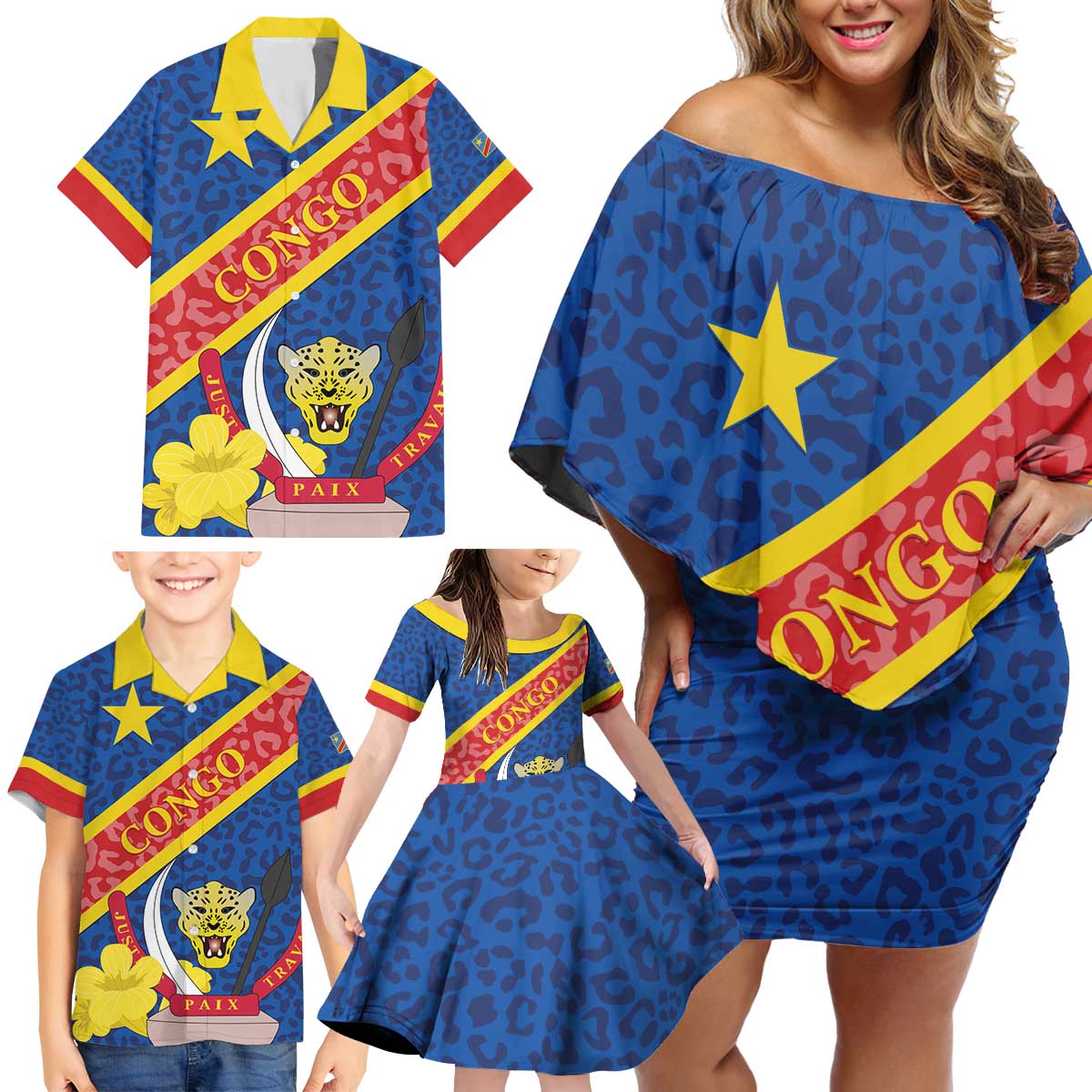 Congo DR Family Matching Off Shoulder Short Dress and Hawaiian Shirt Coat Of Arms Leopard Pattern - Wonder Print Shop