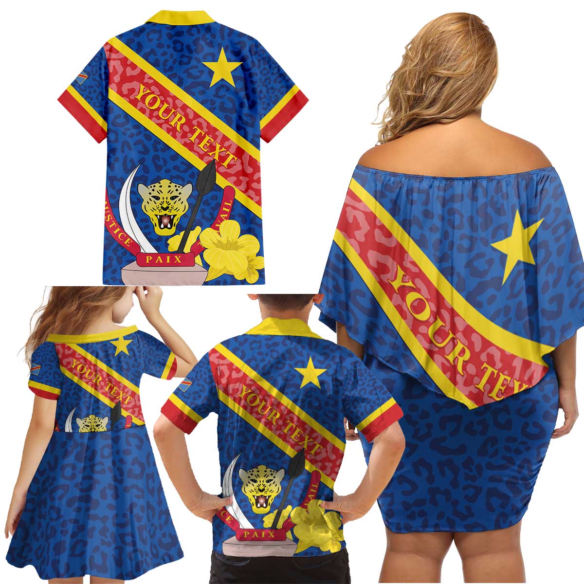 Congo DR Family Matching Off Shoulder Short Dress and Hawaiian Shirt Coat Of Arms Leopard Pattern - Wonder Print Shop