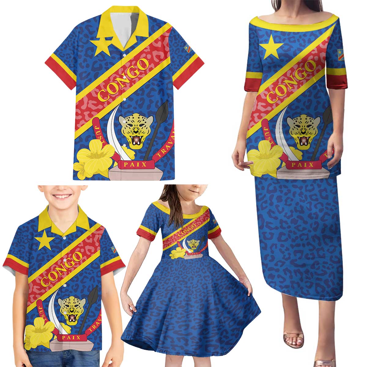 Congo DR Family Matching Puletasi and Hawaiian Shirt Coat Of Arms Leopard Pattern - Wonder Print Shop