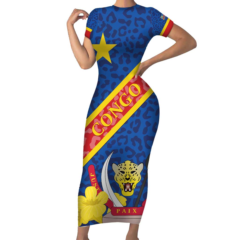 Congo DR Family Matching Short Sleeve Bodycon Dress and Hawaiian Shirt Coat Of Arms Leopard Pattern - Wonder Print Shop