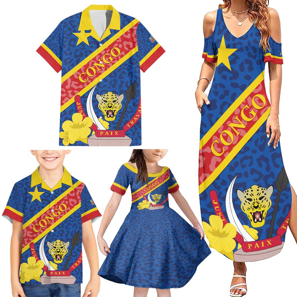 Congo DR Family Matching Summer Maxi Dress and Hawaiian Shirt Coat Of Arms Leopard Pattern - Wonder Print Shop