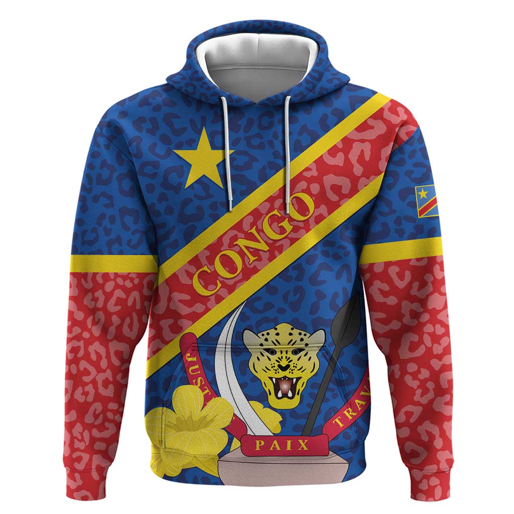 Congo DR Hoodie Coat Of Arms Leopard Pattern - Wonder Print Shop